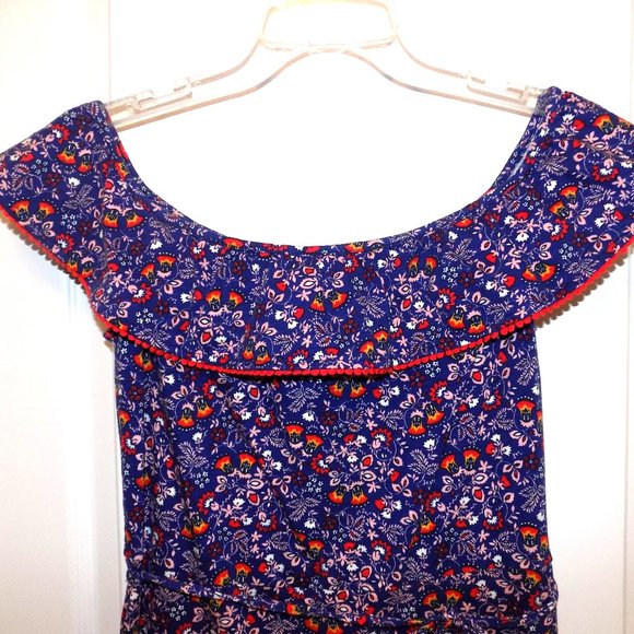 BODEN Dress Bethany Off-Shoulder Blue Red Floral Knit Sz 4 Ties at Waist - Picture 3 of 6